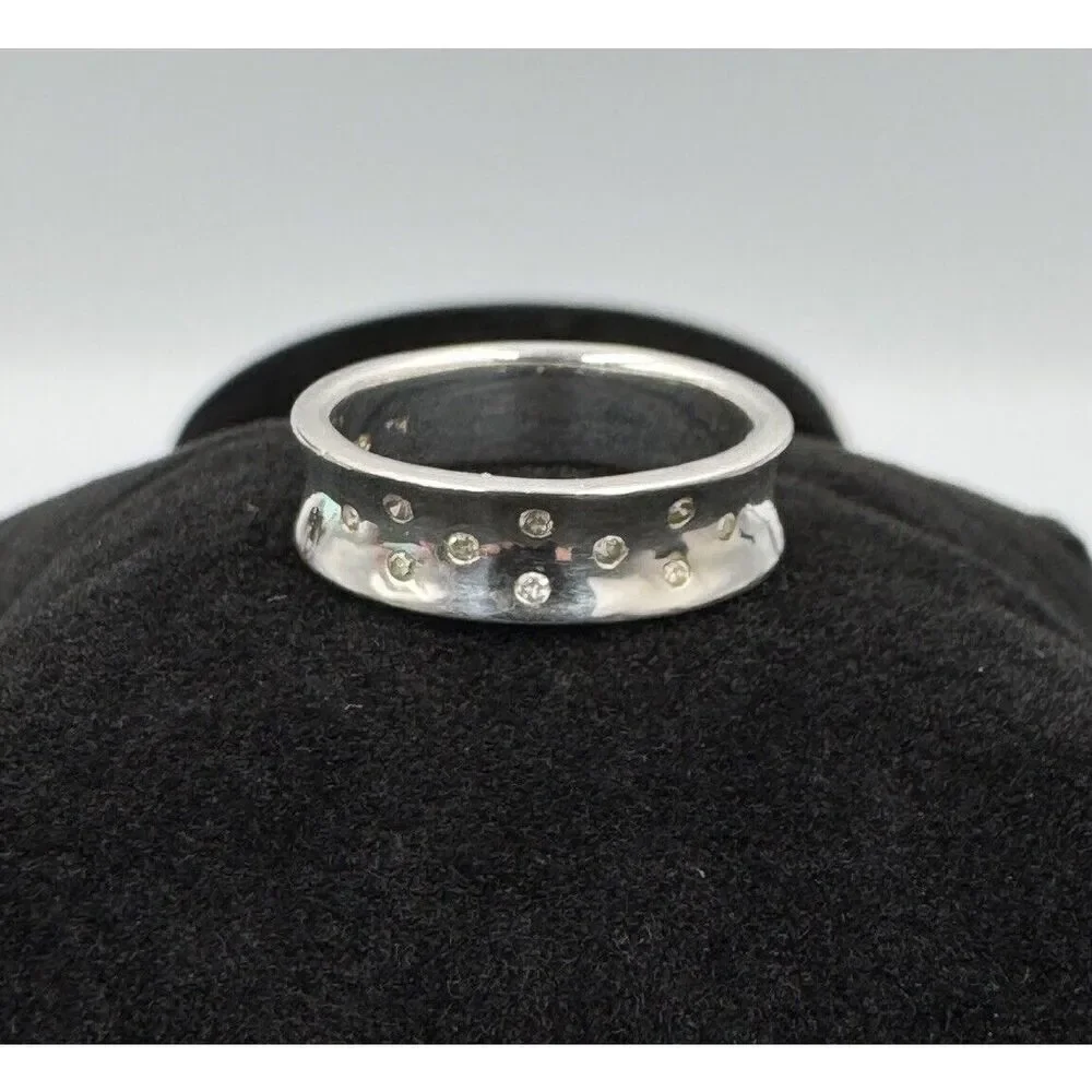 Silver Tone Scattered‎ CZ Concave Band Stackable Ring Signed TH IBB Size 6.75
